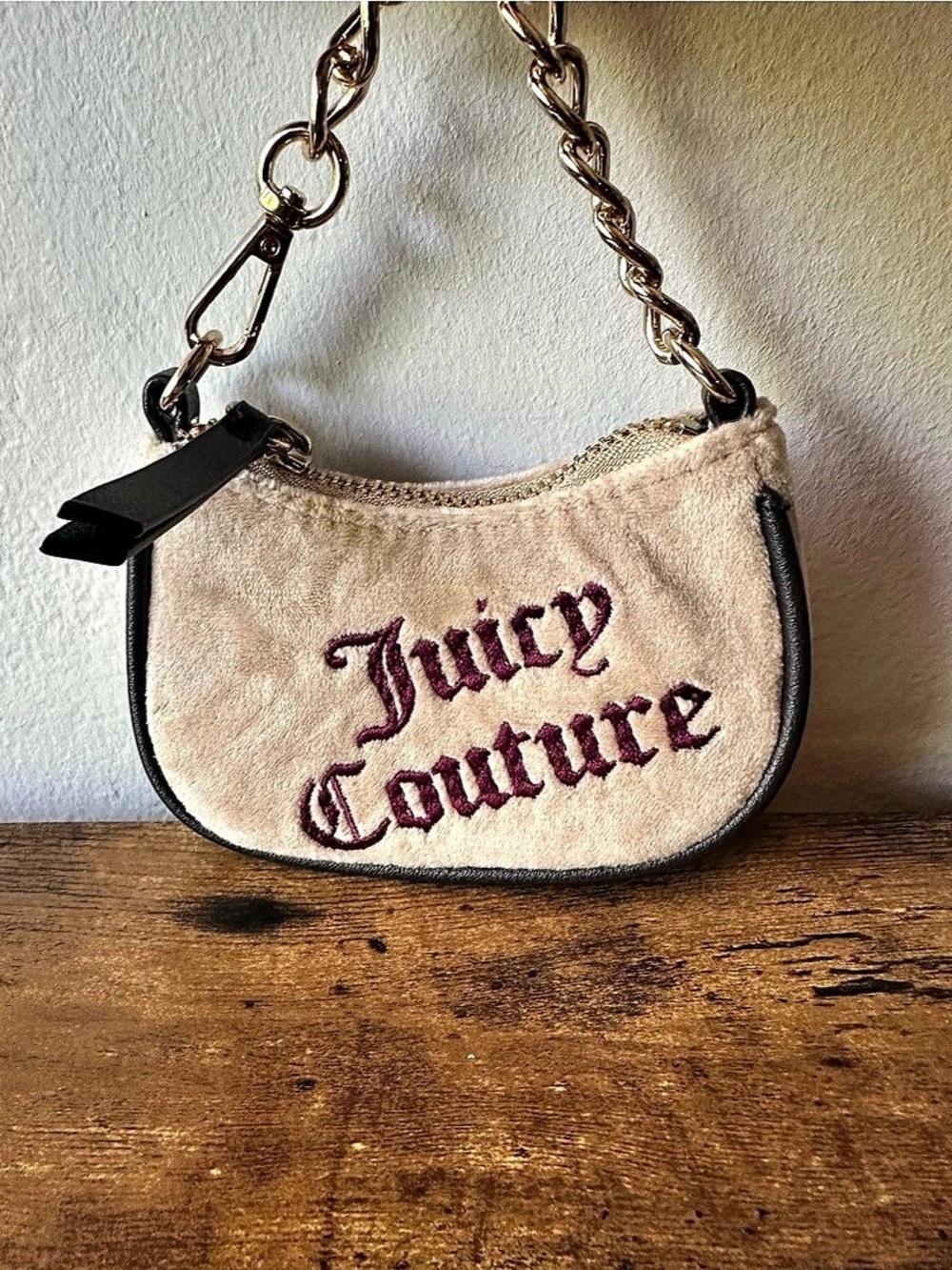 Juicy Couture Velour Mini Bag Charm Keychain in Beige & Brown w/ Gold Chain NWOT